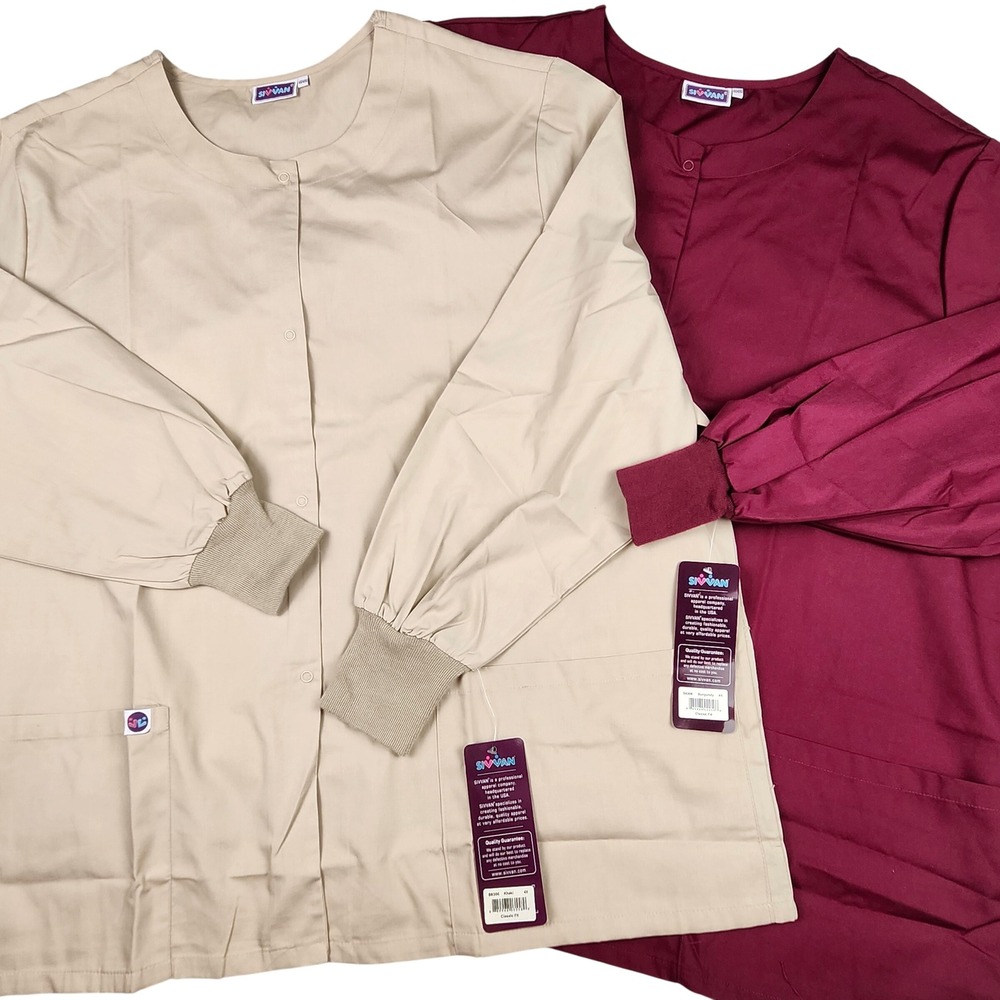 Sivvan Scrub Jacket Set of 2 Khaki Burgundy Snap Front Ribbed Cuffs‎ 4X NEW